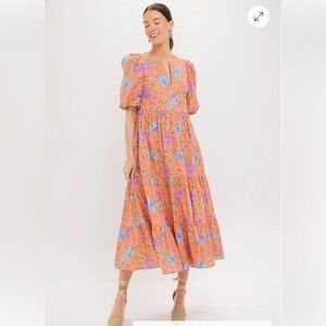 Tuckernuck Hyacinth House Orange Floral Cisco Maxi Dress with pockets Sz S